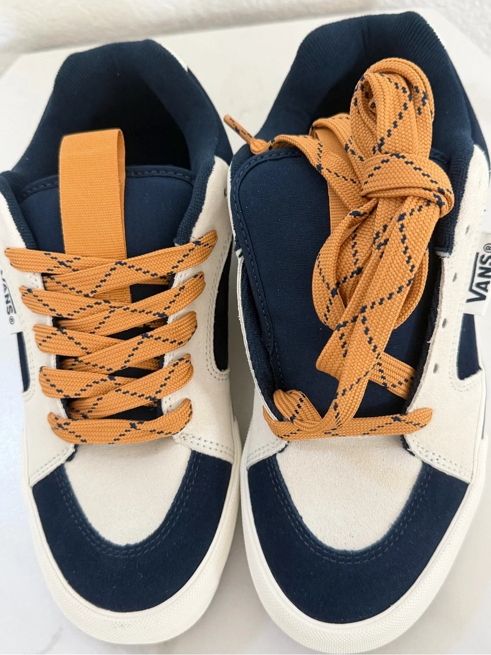 Vans Men’s Chukka Sneakers in Navy and Cream with Tan Laces